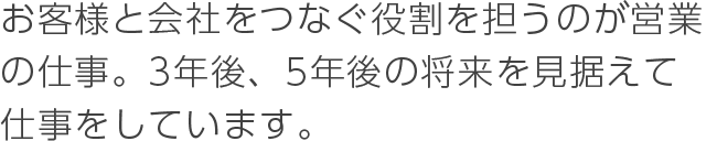 お客様と会社をつなぐ役割を担うのが営業の仕事。3年後、5年後の将来を見据えて仕事をしています。